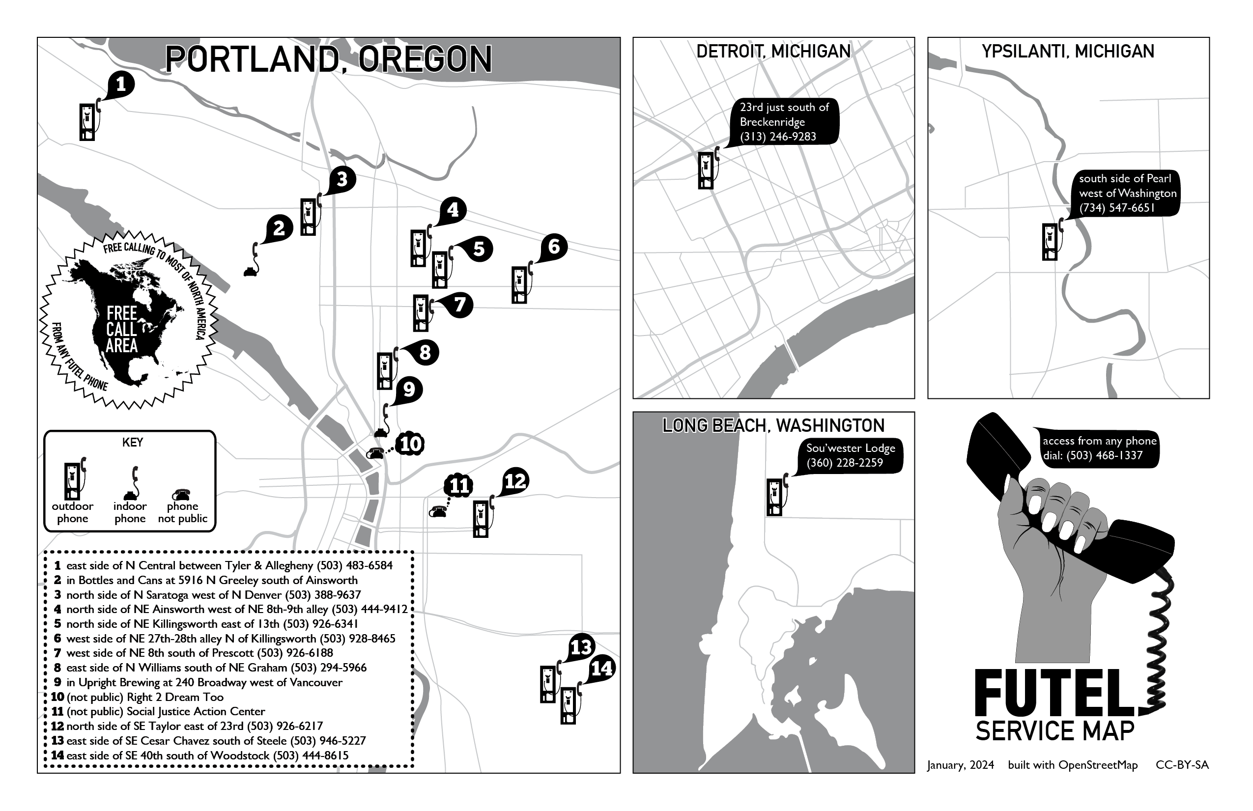 Several maps show the geographic location of Futel phone installations.