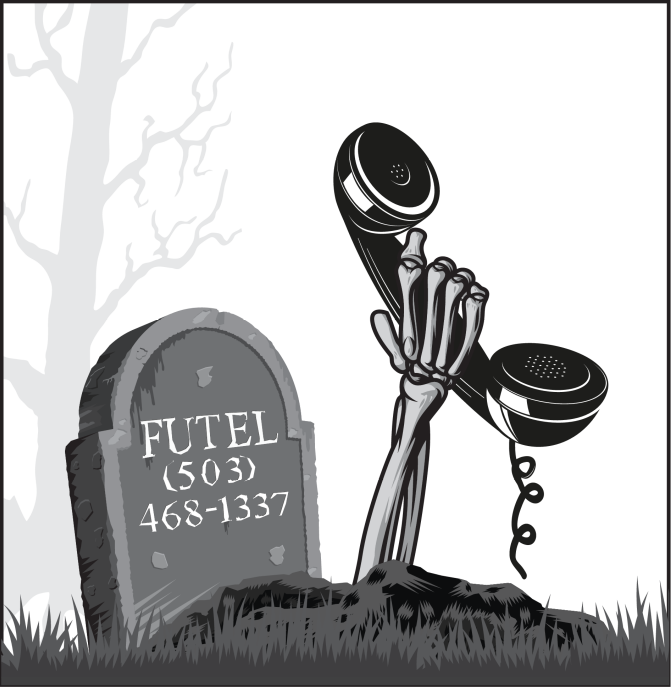 A cartoon skeleton hand holding a phone handset extends from a grave
